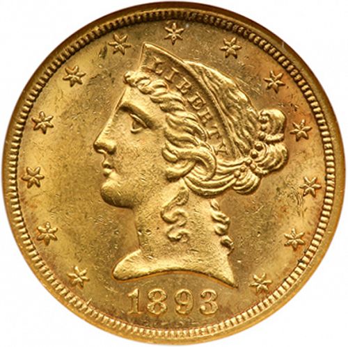5 dollar Obverse Image minted in UNITED STATES in 1893CC (Coronet Head - With motto)  - The Coin Database