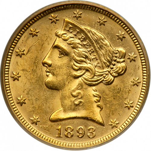 5 dollar Obverse Image minted in UNITED STATES in 1893O (Coronet Head - With motto)  - The Coin Database