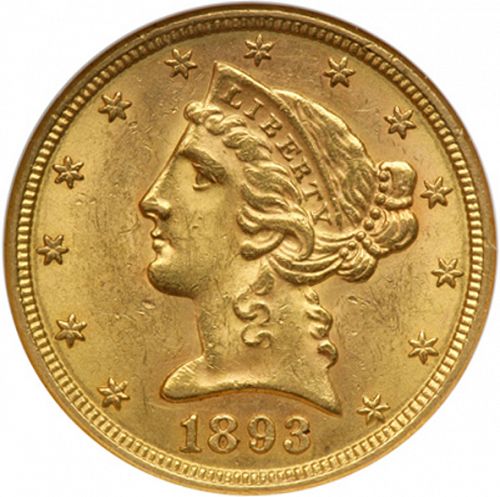 5 dollar Obverse Image minted in UNITED STATES in 1893S (Coronet Head - With motto)  - The Coin Database