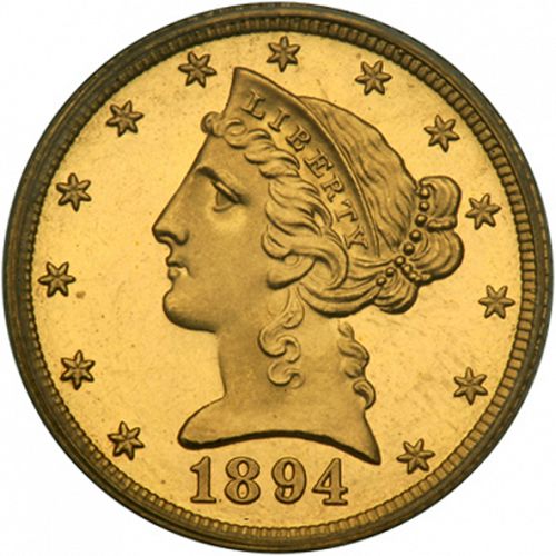 5 dollar Obverse Image minted in UNITED STATES in 1894 (Coronet Head - With motto)  - The Coin Database