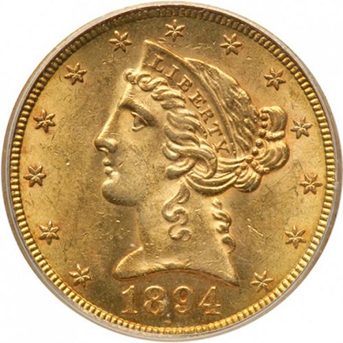 5 dollar Obverse Image minted in UNITED STATES in 1894S (Coronet Head - With motto)  - The Coin Database