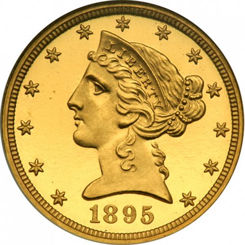 5 dollar Obverse Image minted in UNITED STATES in 1895 (Coronet Head - With motto)  - The Coin Database