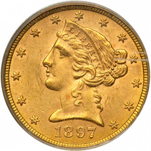 5 dollar Obverse Image minted in UNITED STATES in 1897 (Coronet Head - With motto)  - The Coin Database