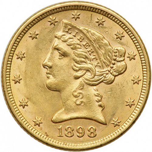 5 dollar Obverse Image minted in UNITED STATES in 1898 (Coronet Head - With motto)  - The Coin Database