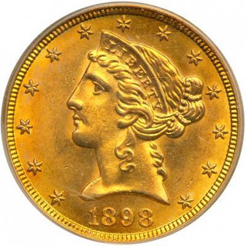 5 dollar Obverse Image minted in UNITED STATES in 1898S (Coronet Head - With motto)  - The Coin Database