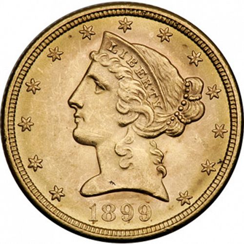 5 dollar Obverse Image minted in UNITED STATES in 1899S (Coronet Head - With motto)  - The Coin Database