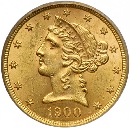 5 dollar Obverse Image minted in UNITED STATES in 1900 (Coronet Head - With motto)  - The Coin Database