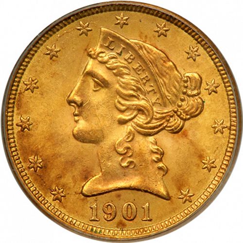5 dollar Obverse Image minted in UNITED STATES in 1901S (Coronet Head - With motto)  - The Coin Database