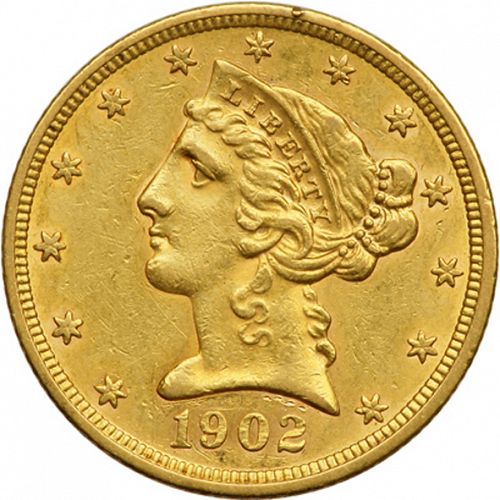 5 dollar Obverse Image minted in UNITED STATES in 1902 (Coronet Head - With motto)  - The Coin Database