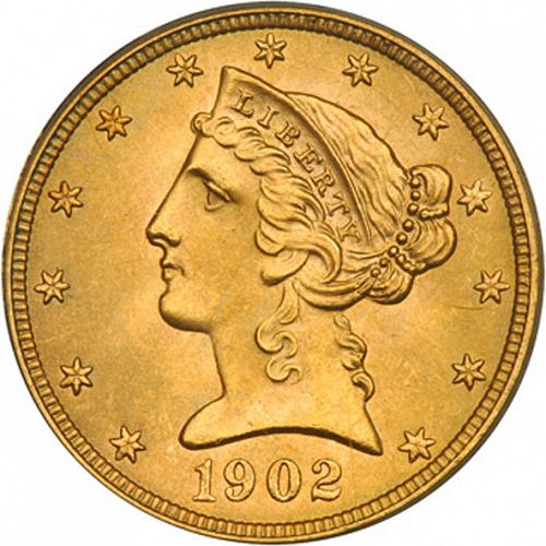 5 dollar Obverse Image minted in UNITED STATES in 1902S (Coronet Head - With motto)  - The Coin Database