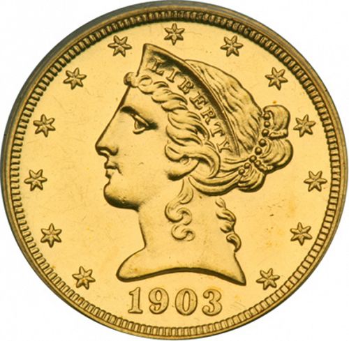5 dollar Obverse Image minted in UNITED STATES in 1903 (Coronet Head - With motto)  - The Coin Database