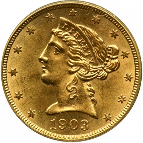 5 dollar Obverse Image minted in UNITED STATES in 1903S (Coronet Head - With motto)  - The Coin Database