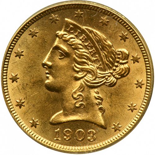 5 dollar Obverse Image minted in UNITED STATES in 1903S (Coronet Head - With motto)  - The Coin Database
