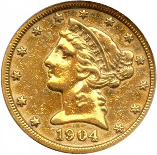 5 dollar Obverse Image minted in UNITED STATES in 1904 (Coronet Head - With motto)  - The Coin Database
