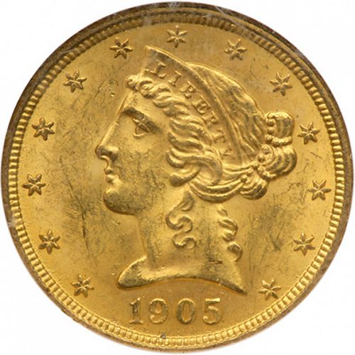 5 dollar Obverse Image minted in UNITED STATES in 1905 (Coronet Head - With motto)  - The Coin Database