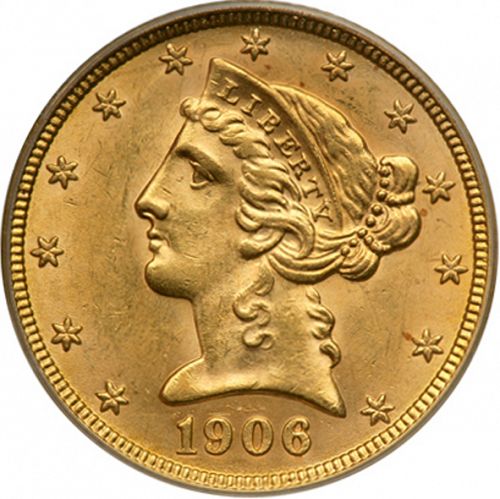 5 dollar Obverse Image minted in UNITED STATES in 1906 (Coronet Head - With motto)  - The Coin Database