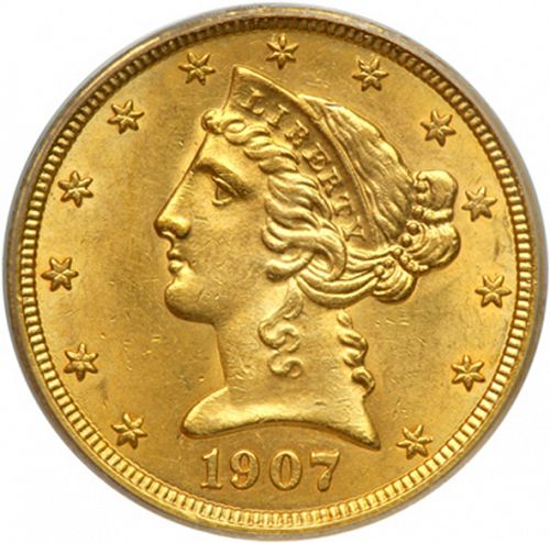 5 dollar Obverse Image minted in UNITED STATES in 1907 (Coronet Head - With motto)  - The Coin Database