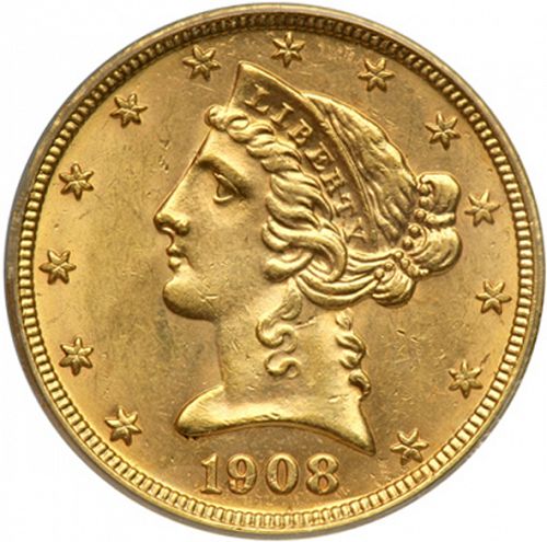 5 dollar Obverse Image minted in UNITED STATES in 1908 (Coronet Head - With motto)  - The Coin Database