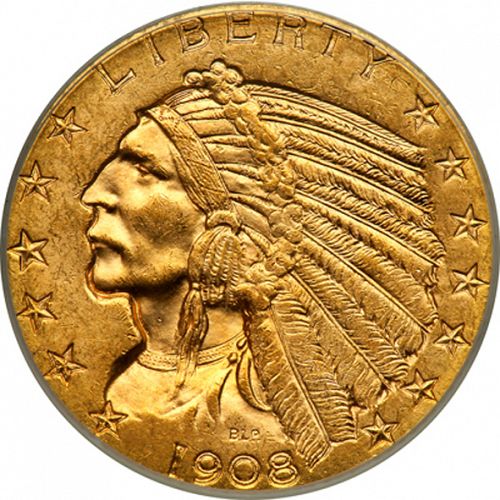 5 dollar Obverse Image minted in UNITED STATES in 1908D (Indian Head)  - The Coin Database