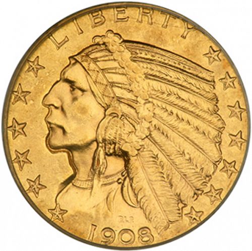 5 dollar Obverse Image minted in UNITED STATES in 1908S (Indian Head)  - The Coin Database