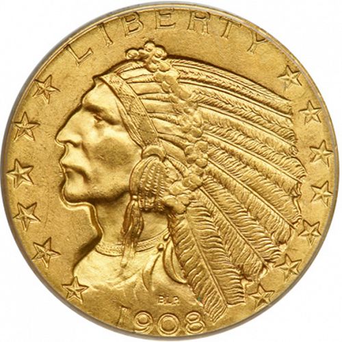 5 dollar Obverse Image minted in UNITED STATES in 1908 (Indian Head)  - The Coin Database