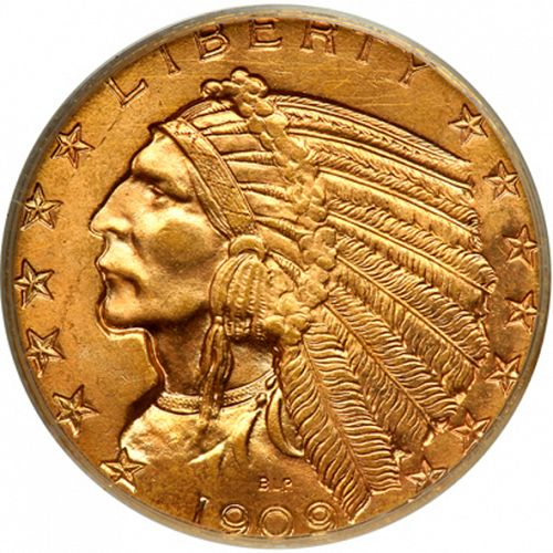 5 dollar Obverse Image minted in UNITED STATES in 1909 (Indian Head)  - The Coin Database