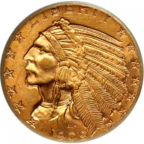 5 dollar Obverse Image minted in UNITED STATES in 1909 (Indian Head)  - The Coin Database