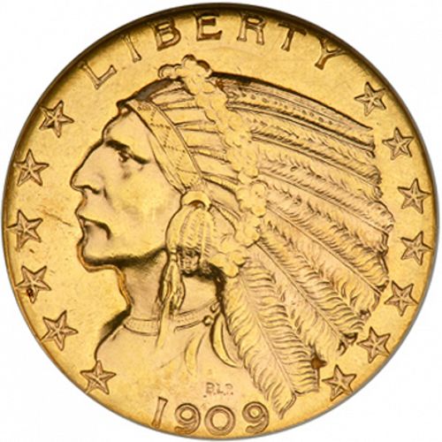 5 dollar Obverse Image minted in UNITED STATES in 1909D (Indian Head)  - The Coin Database