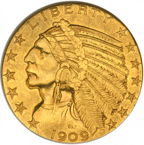 5 dollar Obverse Image minted in UNITED STATES in 1909O (Indian Head)  - The Coin Database