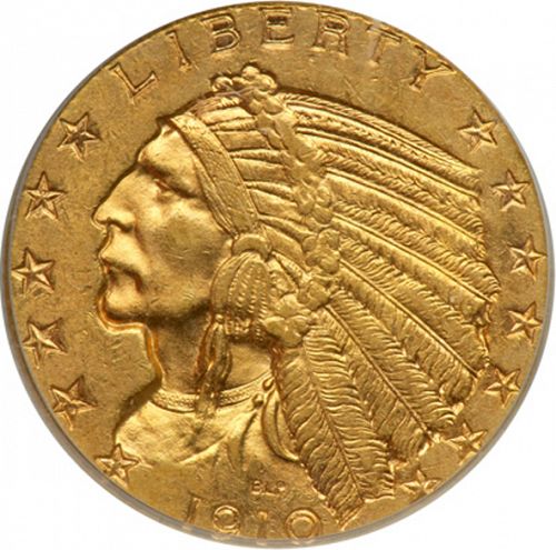 5 dollar Obverse Image minted in UNITED STATES in 1910 (Indian Head)  - The Coin Database