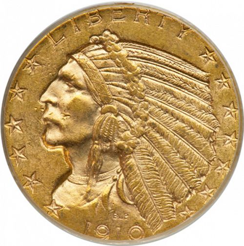 5 dollar Obverse Image minted in UNITED STATES in 1910D (Indian Head)  - The Coin Database