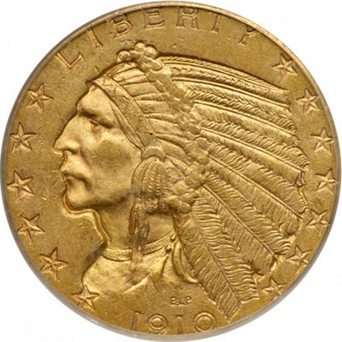 5 dollar Obverse Image minted in UNITED STATES in 1910S (Indian Head)  - The Coin Database
