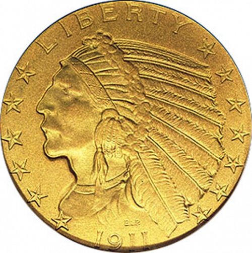 5 dollar Obverse Image minted in UNITED STATES in 1911 (Indian Head)  - The Coin Database