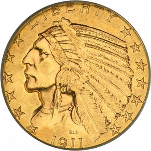 5 dollar Obverse Image minted in UNITED STATES in 1911D (Indian Head)  - The Coin Database