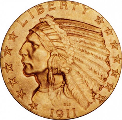 5 dollar Obverse Image minted in UNITED STATES in 1911S (Indian Head)  - The Coin Database