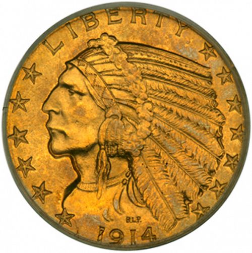 5 dollar Obverse Image minted in UNITED STATES in 1914 (Indian Head)  - The Coin Database