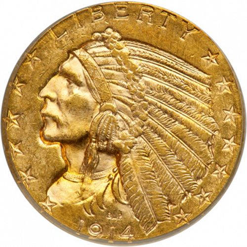 5 dollar Obverse Image minted in UNITED STATES in 1914D (Indian Head)  - The Coin Database