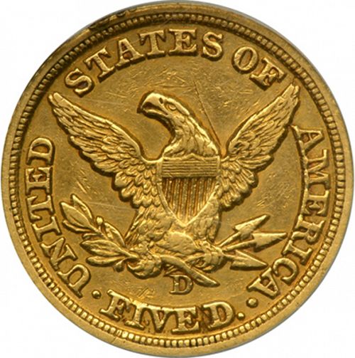 5 dollar Reverse Image minted in UNITED STATES in 1849D (Coronet Head - No motto)  - The Coin Database