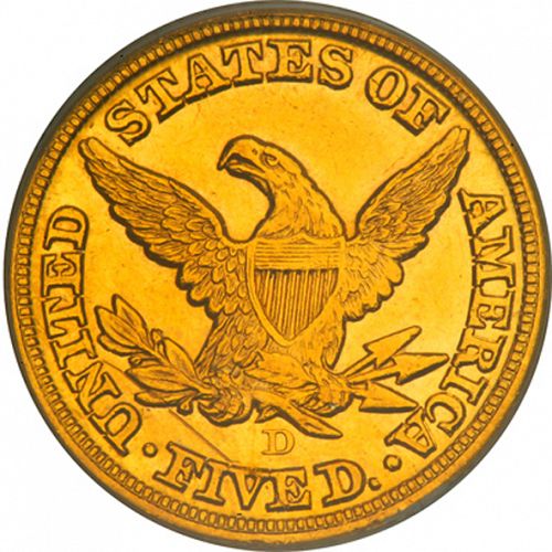 5 dollar Reverse Image minted in UNITED STATES in 1859D (Coronet Head - No motto)  - The Coin Database