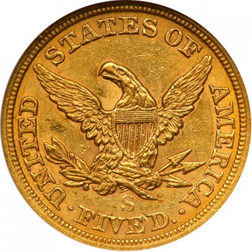 5 dollar Reverse Image minted in UNITED STATES in 1866S (Coronet Head - No motto)  - The Coin Database