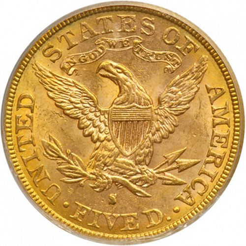 5 dollar Reverse Image minted in UNITED STATES in 1887S (Coronet Head - With motto)  - The Coin Database