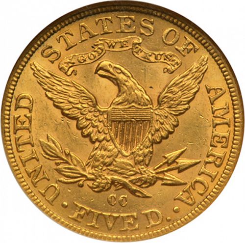 5 dollar Reverse Image minted in UNITED STATES in 1890CC (Coronet Head - With motto)  - The Coin Database