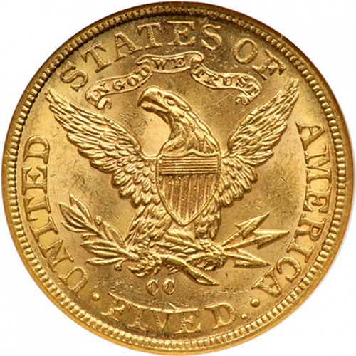 5 dollar Reverse Image minted in UNITED STATES in 1893CC (Coronet Head - With motto)  - The Coin Database