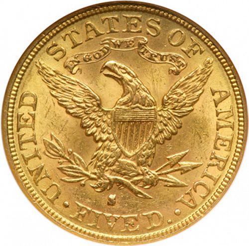 5 dollar Reverse Image minted in UNITED STATES in 1893S (Coronet Head - With motto)  - The Coin Database