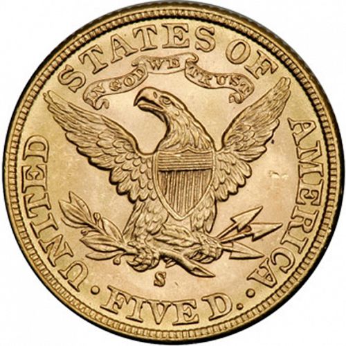 5 dollar Reverse Image minted in UNITED STATES in 1899S (Coronet Head - With motto)  - The Coin Database