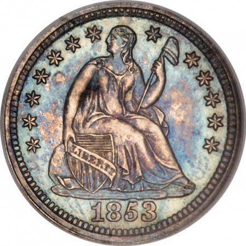 5 cent Obverse Image minted in UNITED STATES in 1853 (Seated Liberty - Drapery added to Liberty)  - The Coin Database