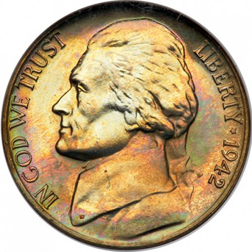 5 cent Obverse Image minted in UNITED STATES in 1942 (Jefferson)  - The Coin Database