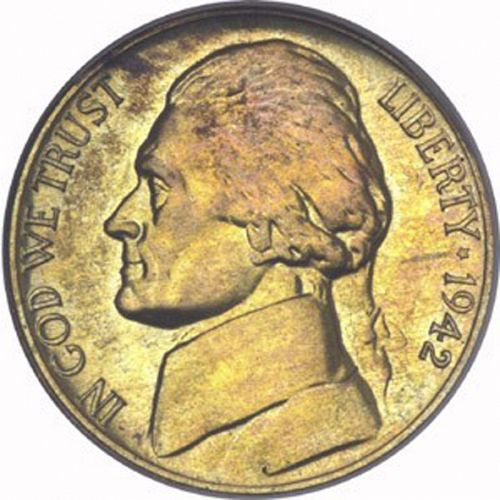 5 cent Obverse Image minted in UNITED STATES in 1942P (Jefferson)  - The Coin Database