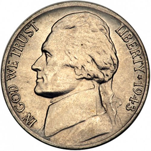 5 cent Obverse Image minted in UNITED STATES in 1943P (Jefferson)  - The Coin Database