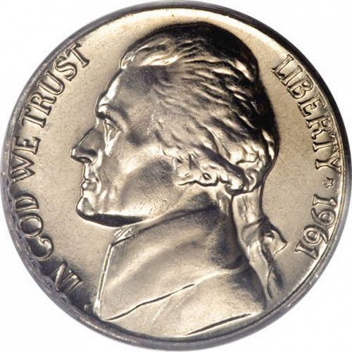 5 cent Obverse Image minted in UNITED STATES in 1961D (Jefferson)  - The Coin Database